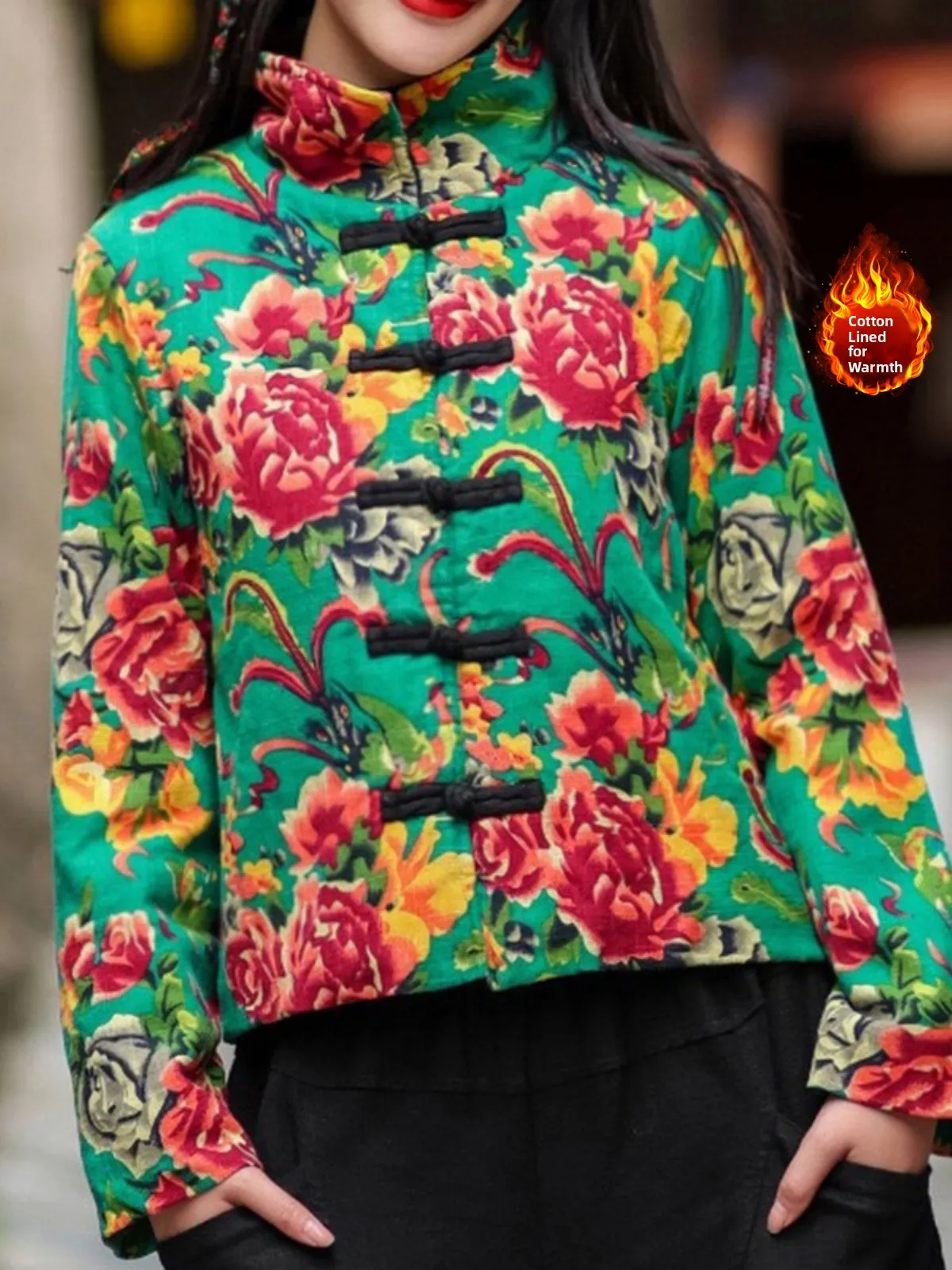 شمال شرق الصين زهرة كبيرة طباعة المرأة القطن Jaet ort مبطن الوقوف طوق معطف القطن الدافئ Faionable الرجعية Sle