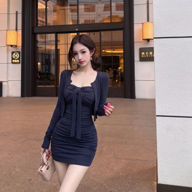 Ensemble 2 pièces sexy Y2K pour femmes, robe tube bleu marine à nouer + cardigan à manches longues, ensemble superposé élégant et ajusté, robe bustier sans bretelles