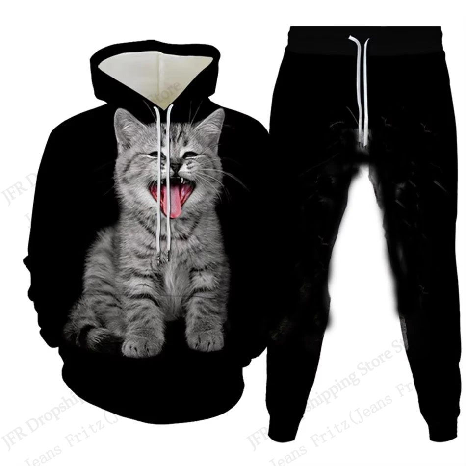 جديد الحيوان قطعتين هوديي مجموعة بناطيل رجالي جميل القط ثلاثية الأبعاد طباعة مجموعات الرجال النساء موضة هوديي بانت 2 قطعة بدلة رياضية اللياقة البدنية
