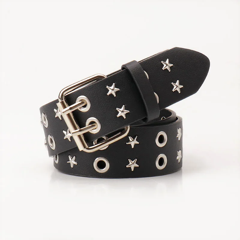 Women y2k Star Eye Rivet Belt Double Row Hole Belt Punk Waist Strap Hollow Out PU Leather Jeans Decorative Fashion Waistband