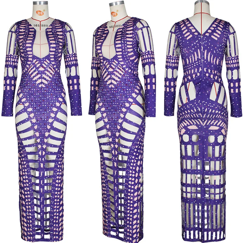 Sexy uitgehold strass avond formele gelegenheid jurken voor vrouwen feest nachtclub uitgehold print prom bodycon maxi-jurk