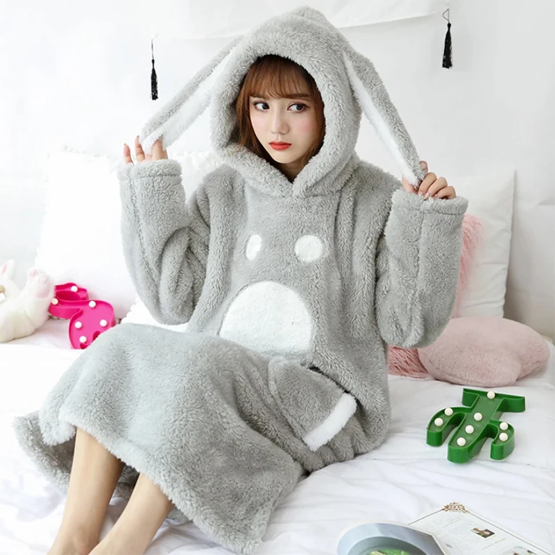 

Зимняя толстая теплая фланелевая ночная рубашка с длинными рукавами и капюшоном для женщин, милая мультяшная одежда для сна из кораллового флиса, ночное платье, ночная рубашка