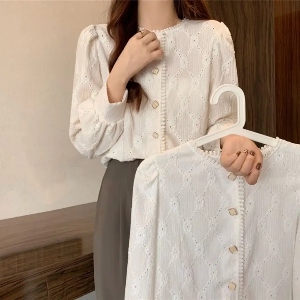 Shirts Women Vintage Elegant Lace Design Female Spring Casual O-neck Literary Trendy Korean Style Daily All-match Graceful Solid