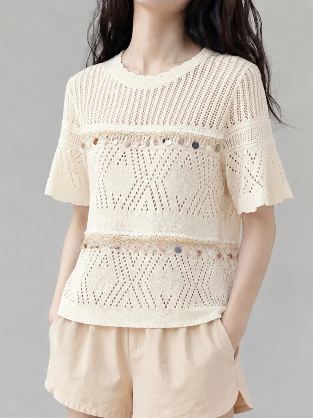 

Korean Style Hollow out Sequin Design Ice Silk Knitted Top Short Sleeve Slimming Gentle Women's Summer Fashionable Shirt