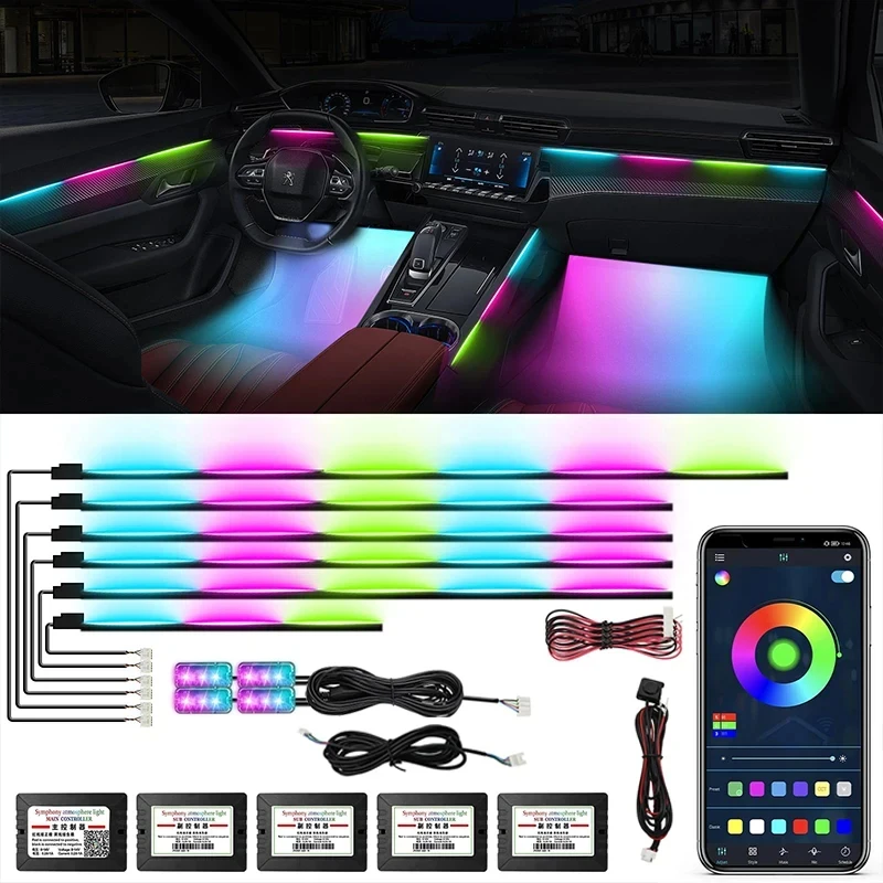 22 In 1 Full RGB 213 Colors Streamer Car LED Interior Ambient Lights Universal Hidden Acrylic Strip Kit For BMW Audi Honda Tesla