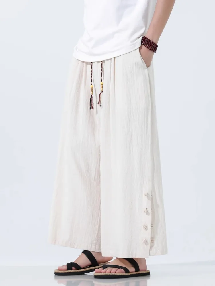 

Loose Fit Straight Leg Cotton Lin Men's Summer Casual Wide Leg Pants Faionable plus Size Nine Point Button Design