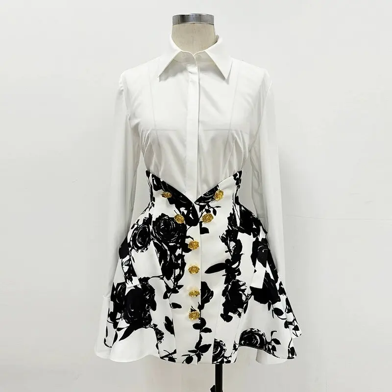 2025 Spring Summer Newest Runway Designer Fashion Women's White Shirt Metal Rose Buttons Printed Floral Mini Skirt Set Ball Gown