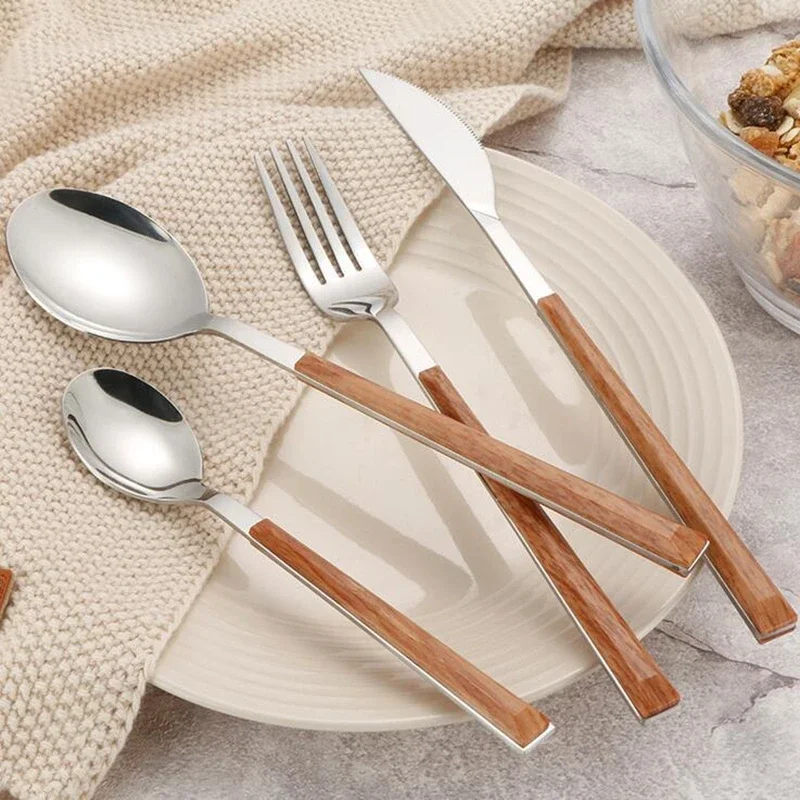 24pcs KuBac Hommi Quality 18/10 Stainless Steel Dinnerware Set Imitation Handle Cutlery Set Brown Drop Ship