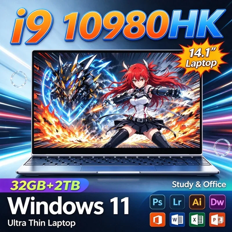 Intel I9 10980HK 14.1'' Inch Notebook Ultra Slim Laptop 32GB RAM 1TB 2TB SSD Windows 11 1080P HD PC For Gaming Work And Learning