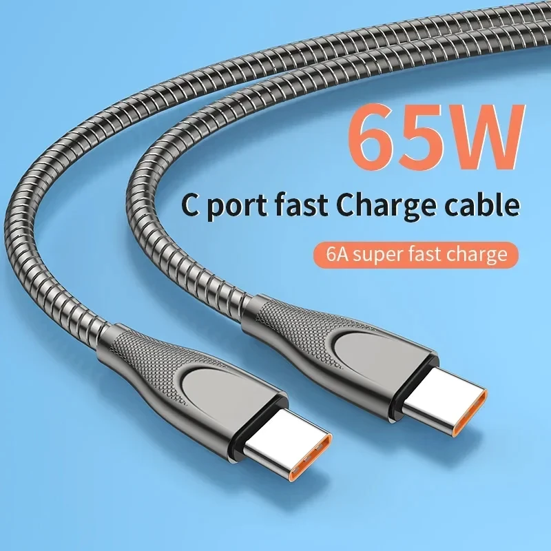 New 6A Fast Charging Cable Metal Spring Charging Cable For Xiaomi Huawei USB C to Type C PD 65W Charger for iPhone 16 Macbook