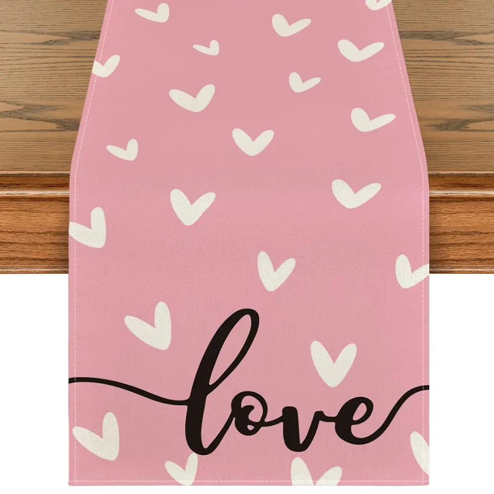 

Pink Love Valentine's Day Table Runner, Seasonal Kitchen Dining Table Decoration for Indoor Home Party