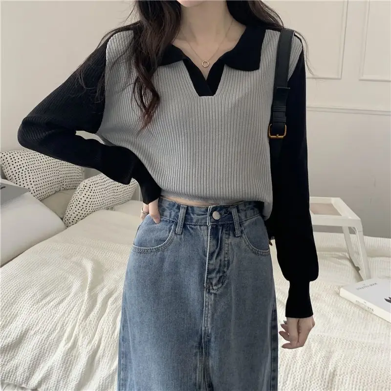 Autumn New Fashion Versatile Korean Sweater Simple Polo Collar Color Block Long Sleeve Women\'s Patchwork Pullover Loose Knit Top