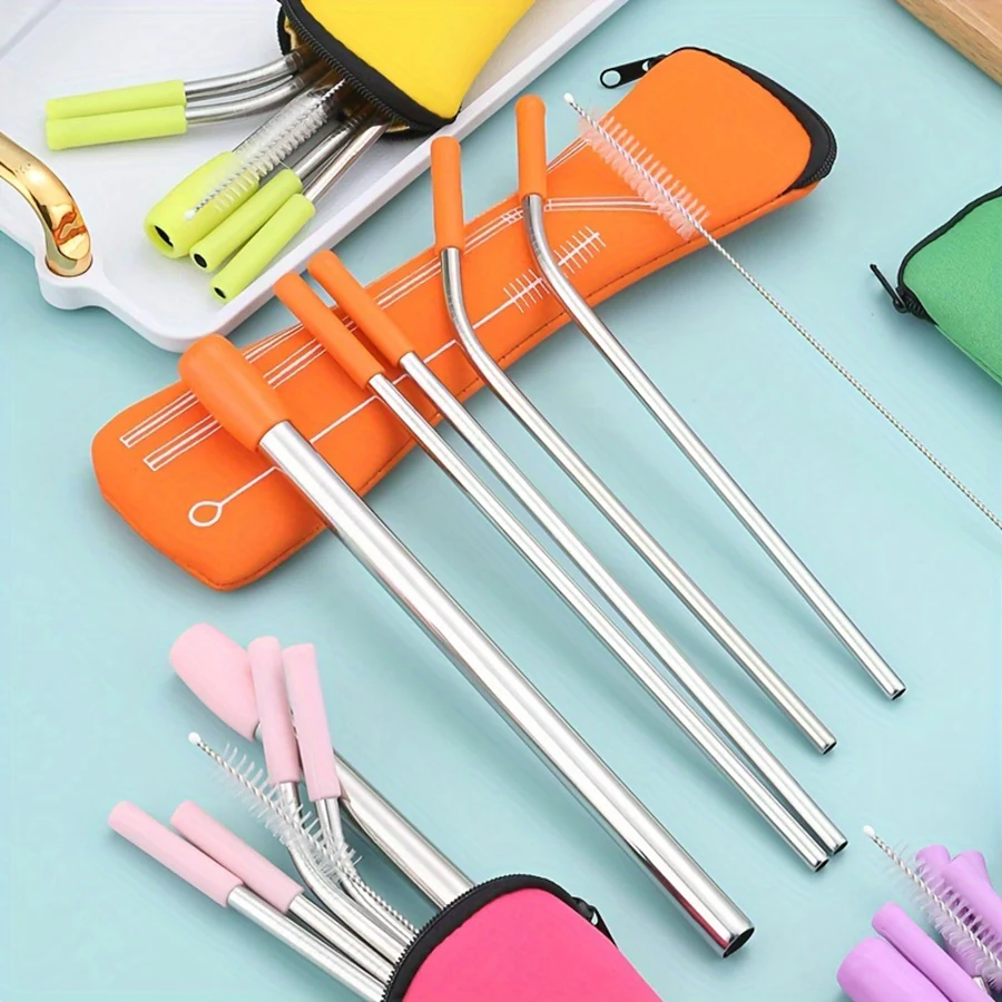 stainless steel straw set Coffee milk tea juice straw Straight pipe elbow pipe with cleaning brush and storage bag