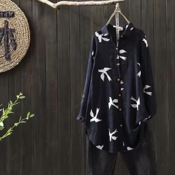 

Loose Fit Pure Cotton irt Autumn New Sle Artistic Retro Print Midi Length Women's Outerwear Casual Large Size Striped irt