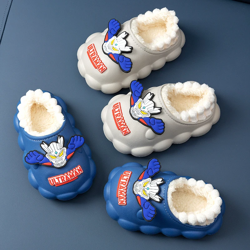 

New Winter Concise Stripe Plush Slippers Children's Non-slip Soft Sole Kids Boys Girls Heel Wrap Warm High Home Cotton Shoes