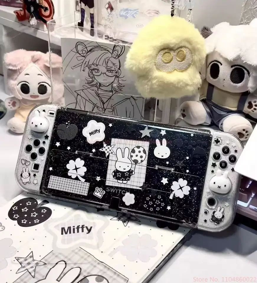 Miffy In Stock Original New Switch Oled Ns Ns2 Lite Anti Drop Protective Case Glitter Handle Cover Transparent Black White Gift