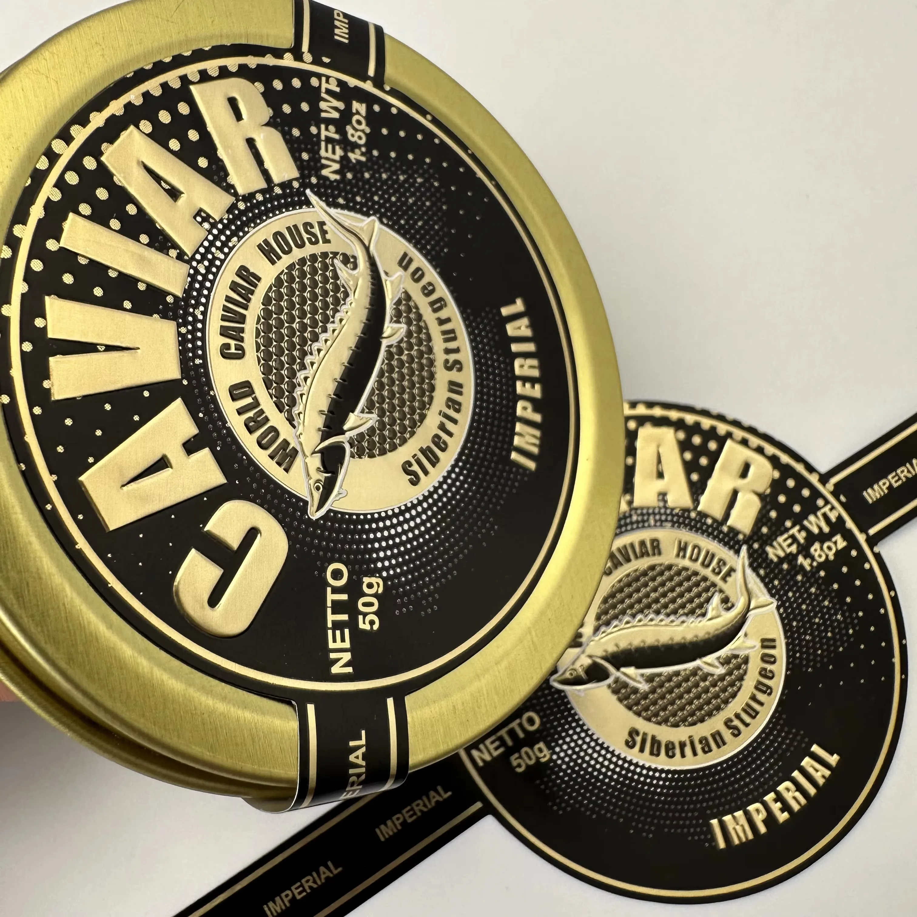 Custom Gold Foil Caviar Label Sticker – Textured, Embossed, Waterproof, Cold-proof, Direct from Factory
