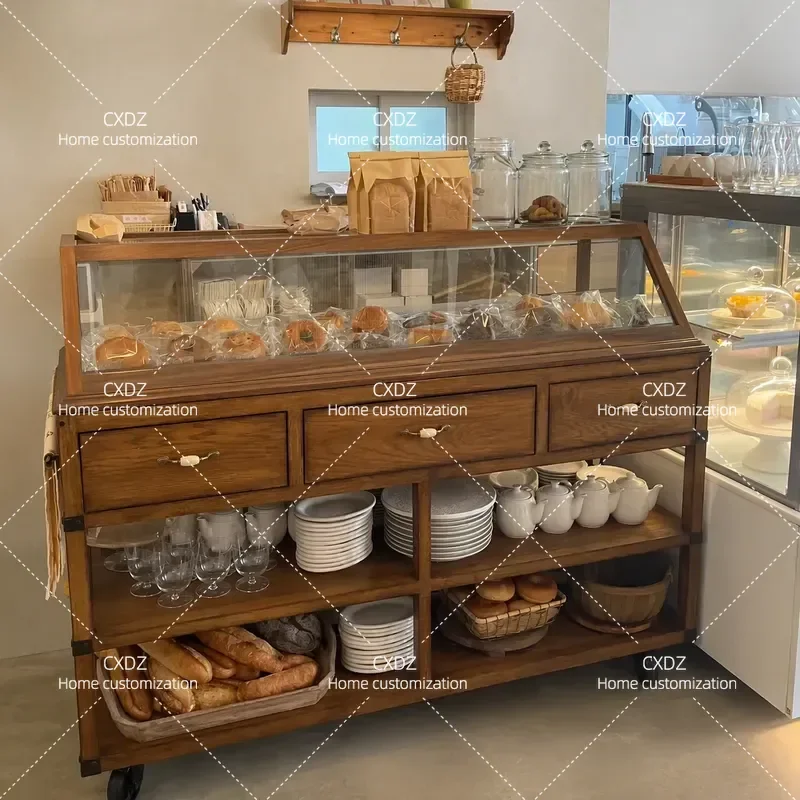 retro coffee bread side cabinet French sliding door antique jewelry display storage display glass cabinet