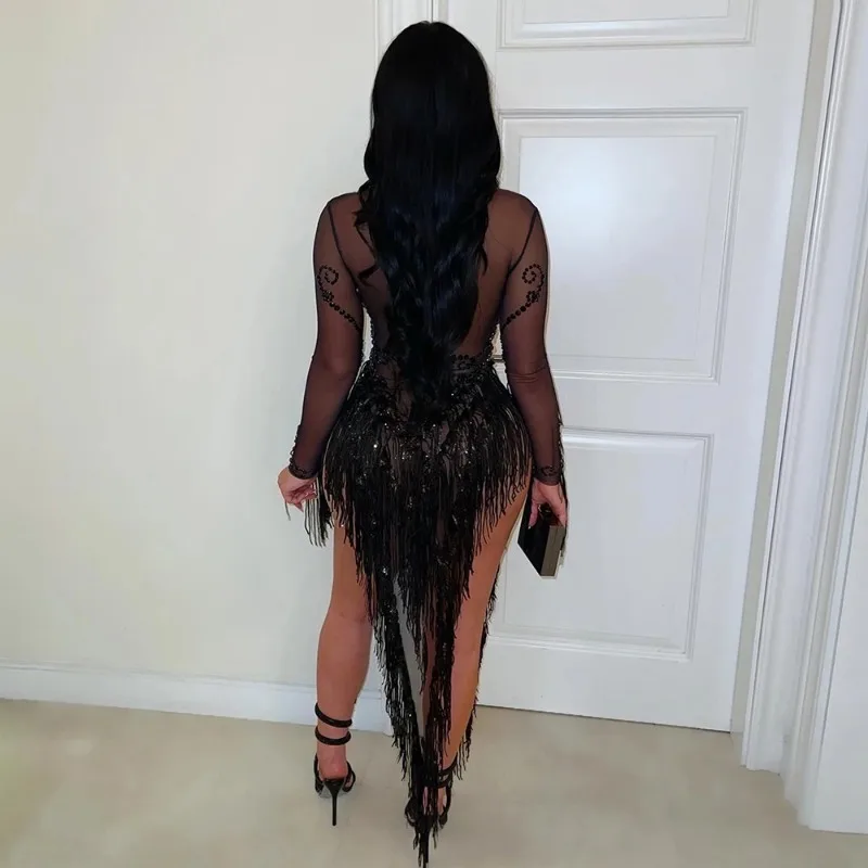 KEXU New Round Neck Polyester Mesh Splicing Beads Tassel Perspective Hot Stamping Dress Irregular Sheer Maxi Party Dress