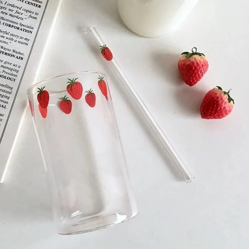 

300ml Strawberry Cute Glass Transparent Coffee Milk Water Cups Student Milk Heat Resistant Cold Drinks Without Straw Bar Tool