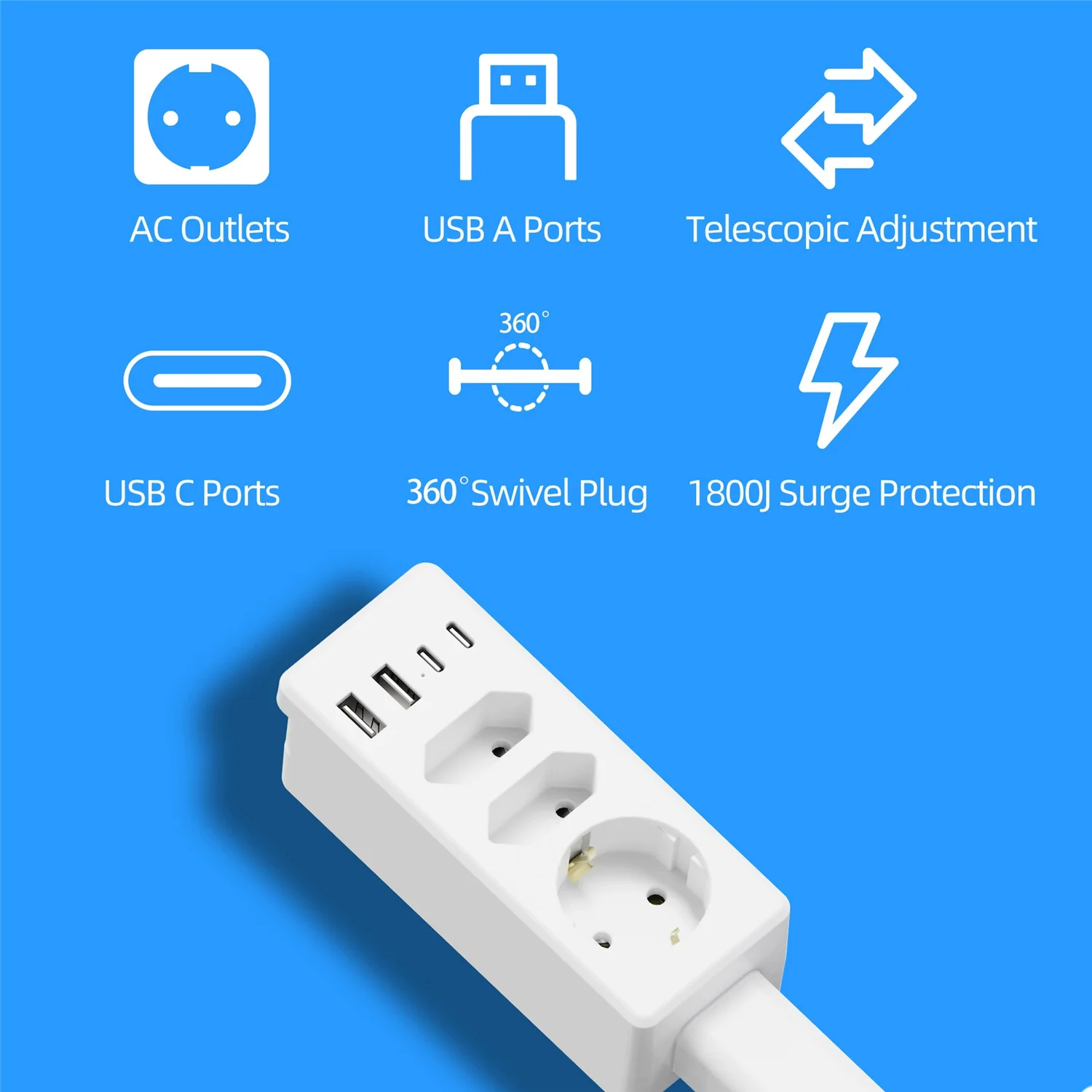 Power Outlet Extender Retractable Socket Supports 20W Fast Charging Features USB-A USB-C 3 AC Power Outlets Extends 47-67cm