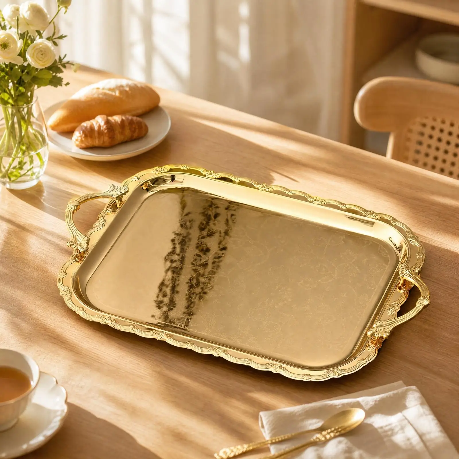 Metal Serving Tray Rectangular Gold Mirror Decorative Platter with Embossed Floral Border for Cafe