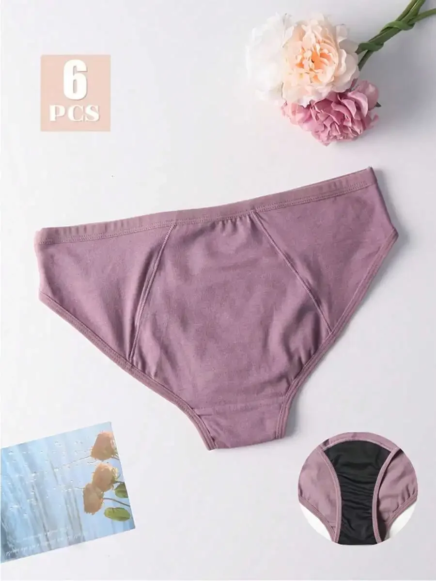 

6 Pcs Womens Solid Color Leak Proof Breathable Menstrual Underwear Soft Elastic Comfortable Panties
