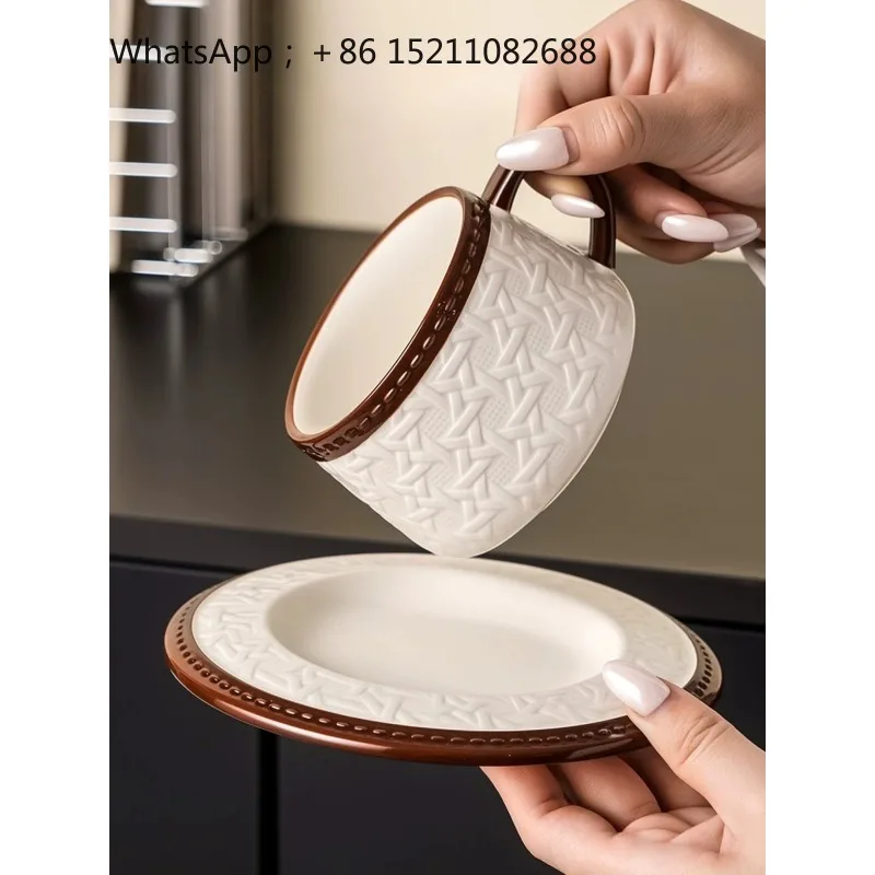 LLY retro rattan textured ceramic coffee cups and saucers, retro flower teacups, afternoon tea tableware, ladies' gifts