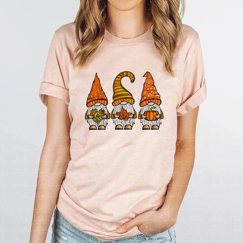 Fall Gnomes T-shirts For Women Fall Tees Gnome T-shirt Casual Short Sleeve Round Neck Tops Happy Halloween Pumpkins T-shirts