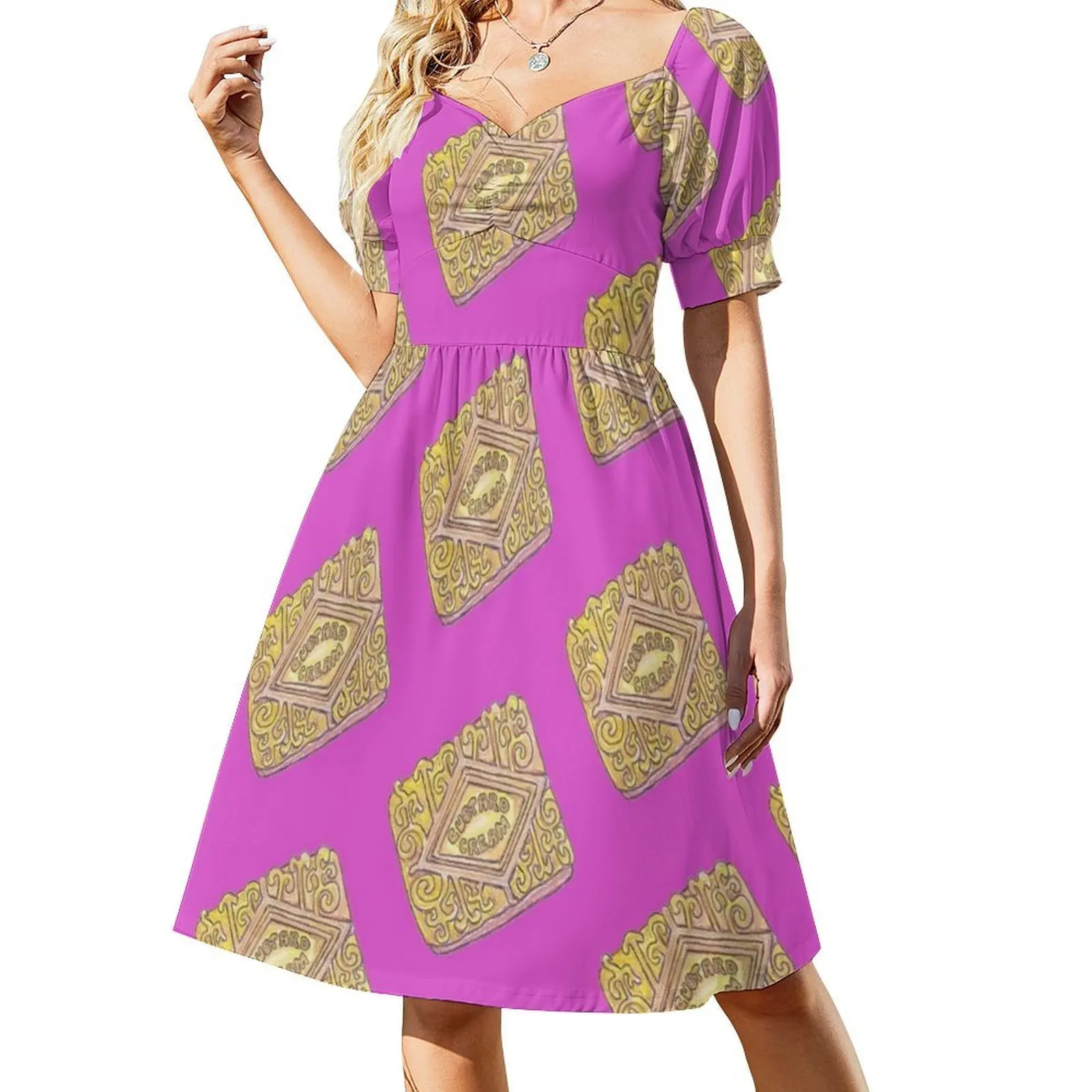 Custard Creams Korean Style Dress For Women Elegant Casual Dress For Party Or Daily Wear Biscuits Custard Cream Evening Dress