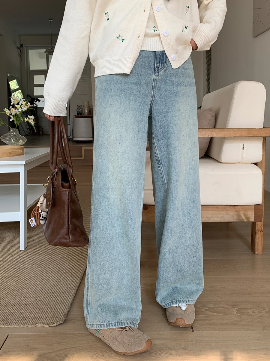 

Джинсы прямого кроя с высокой талией и широкими штанинами, американские ретро джинсы, женские утягивающие длинные брюки в диагональную полоску, повседневные брюки