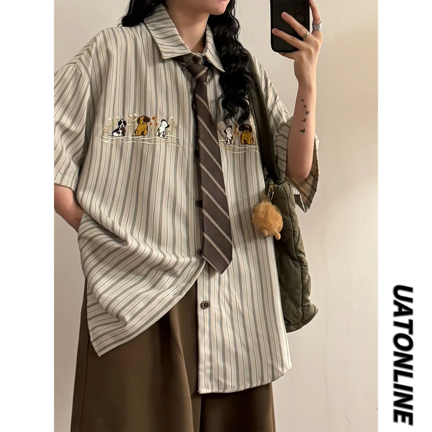 

UATONLINE2026 Summer Trendy Boy Feel Short Sleeve Embroidered Stripes Shirt Versatile Doggy Stitching Breathable Loose Fit Shirt