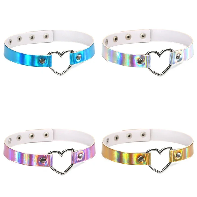 PU Leather Choker Necklace Gift For Women Holographic  Heart Metal Laser Collar Chocker Fashion Jewelry Colorful 