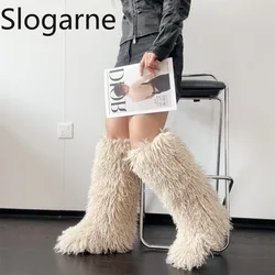 Luxury Winter Fur Over The Knee Boots Women Wool High Tube Fur Snow Boots Fluffy Faux Mongolian Furs Platform Shoes Girls Boots