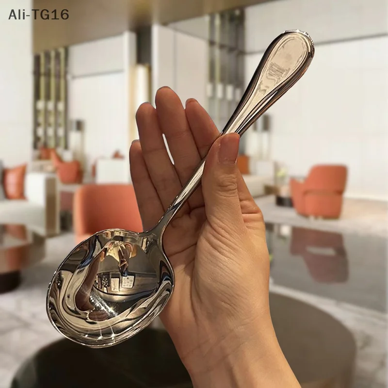 Cuchara redonda de acero inoxidable, red roja dorada para cena, mango largo, cucharas de postre agitadoras para accesorios de cocina, Gadgets