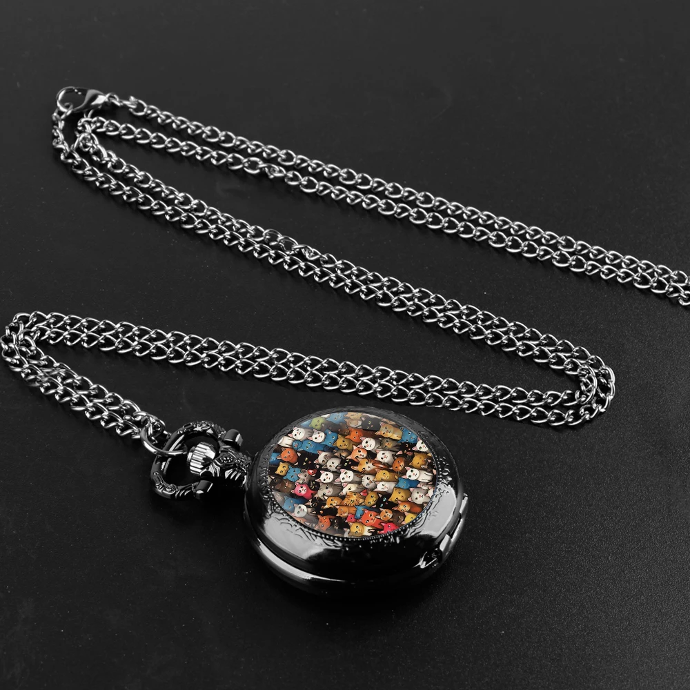 Cats Design Glass Dome Fashion Arabic Numerals Quartz Pocket Watch Necklace Pendant Chain Mens Women Gifts