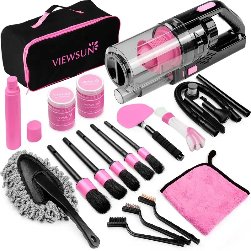 Viewsun 17pcsPink Car Detailing Kit with High Power Handheld Vacuum,  Windshield Cleaner, Cleaning Gel, Complete Accessories