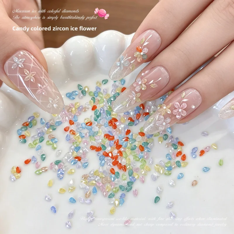 50Pcs 5A Ice Flower Zircon Nail Rhinestones Candy Colors Mini Teardrop Marquise Pointed Back DIY Floral Stackable Nail Decors