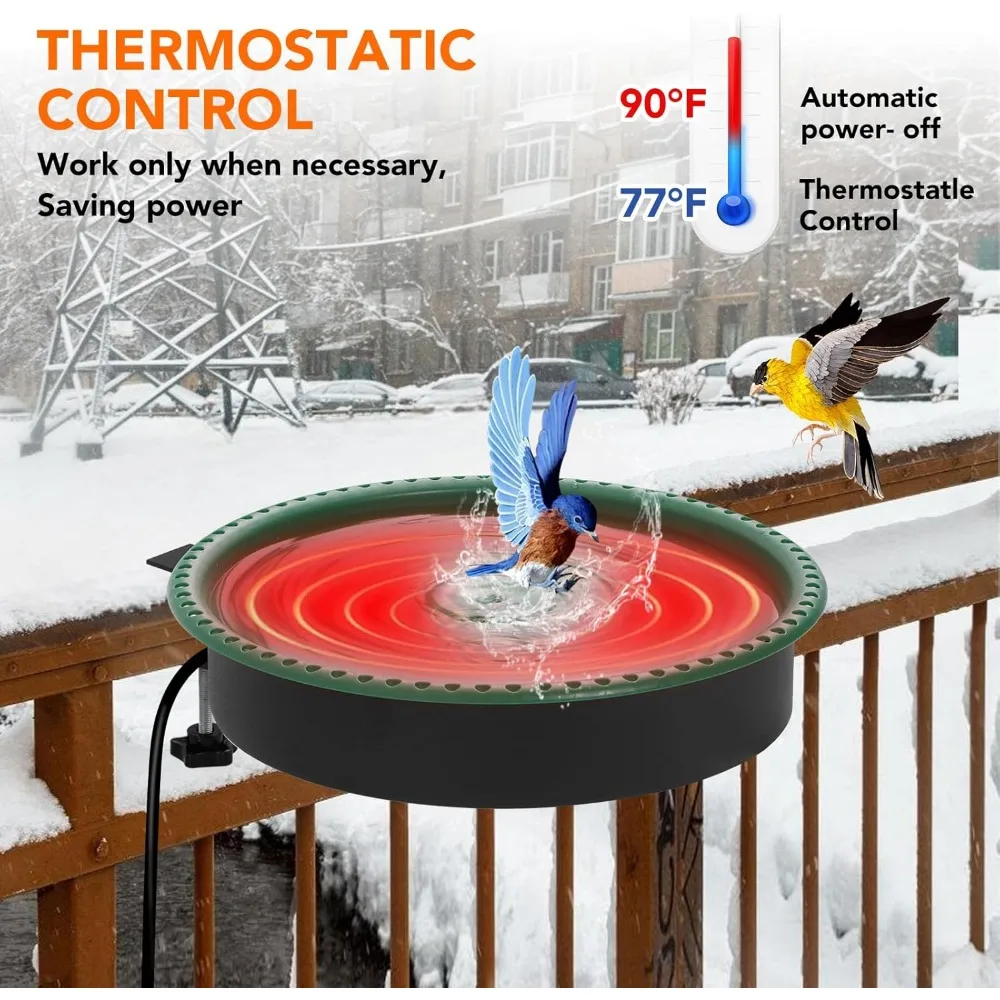 Podgrzewana kąpielisko dla ptaków 2 w 1 z termostatem na każdą porę roku, 100W do użytku na zewnątrz w ogrodzie