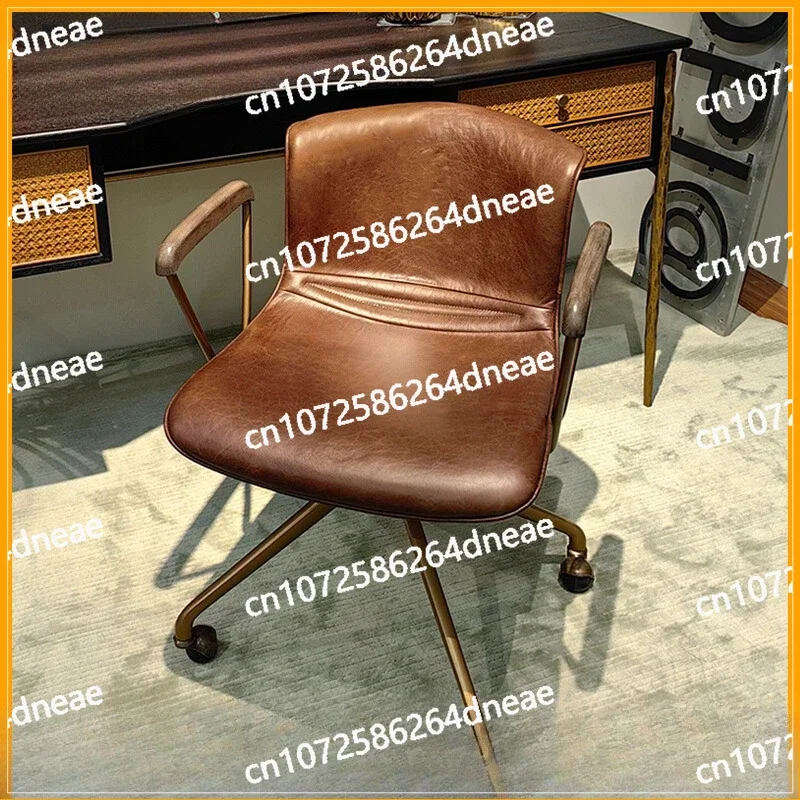 Italian light luxury minimalist oil wax cowhide computer chair comfortable sedentary retro lift swivel chair bedroom study