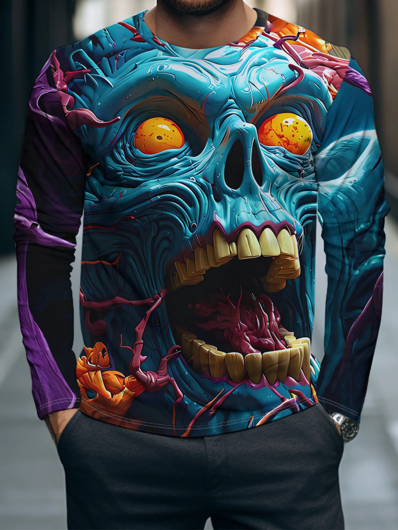 Men Long Sleeve T‑Shirt Horror Skull Pumpkin 3D Print Vivid Color Gothic Halloween Party Casual Top