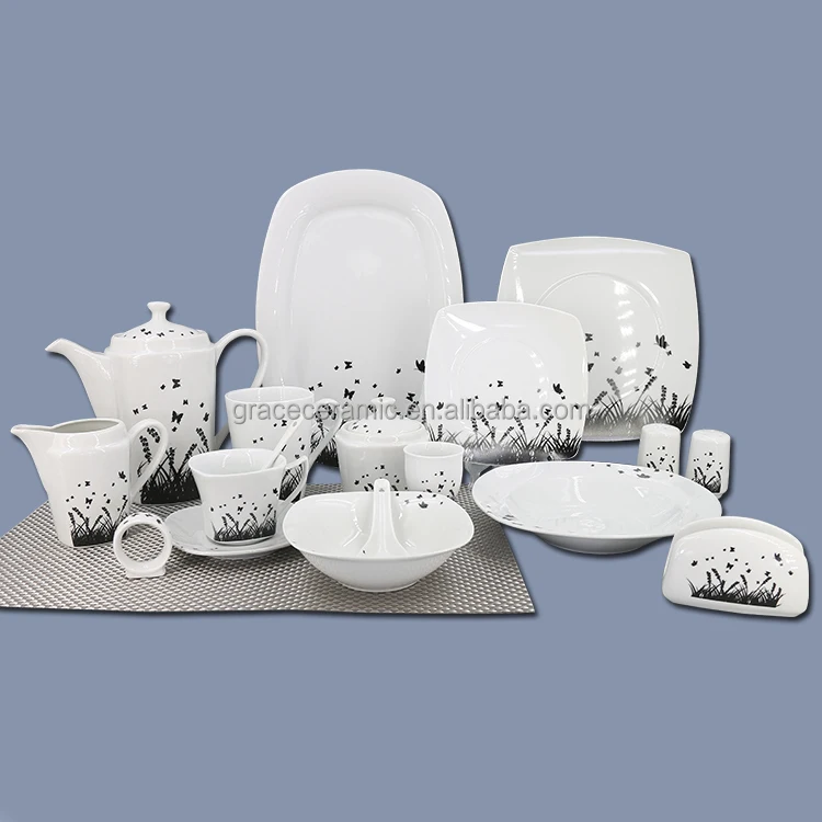Porcelain Factory Cheap Luxury High Bone China Dinner Set Flower Pattern Fine Porcelain Square Ceramic Kitchen Dinnerware Set