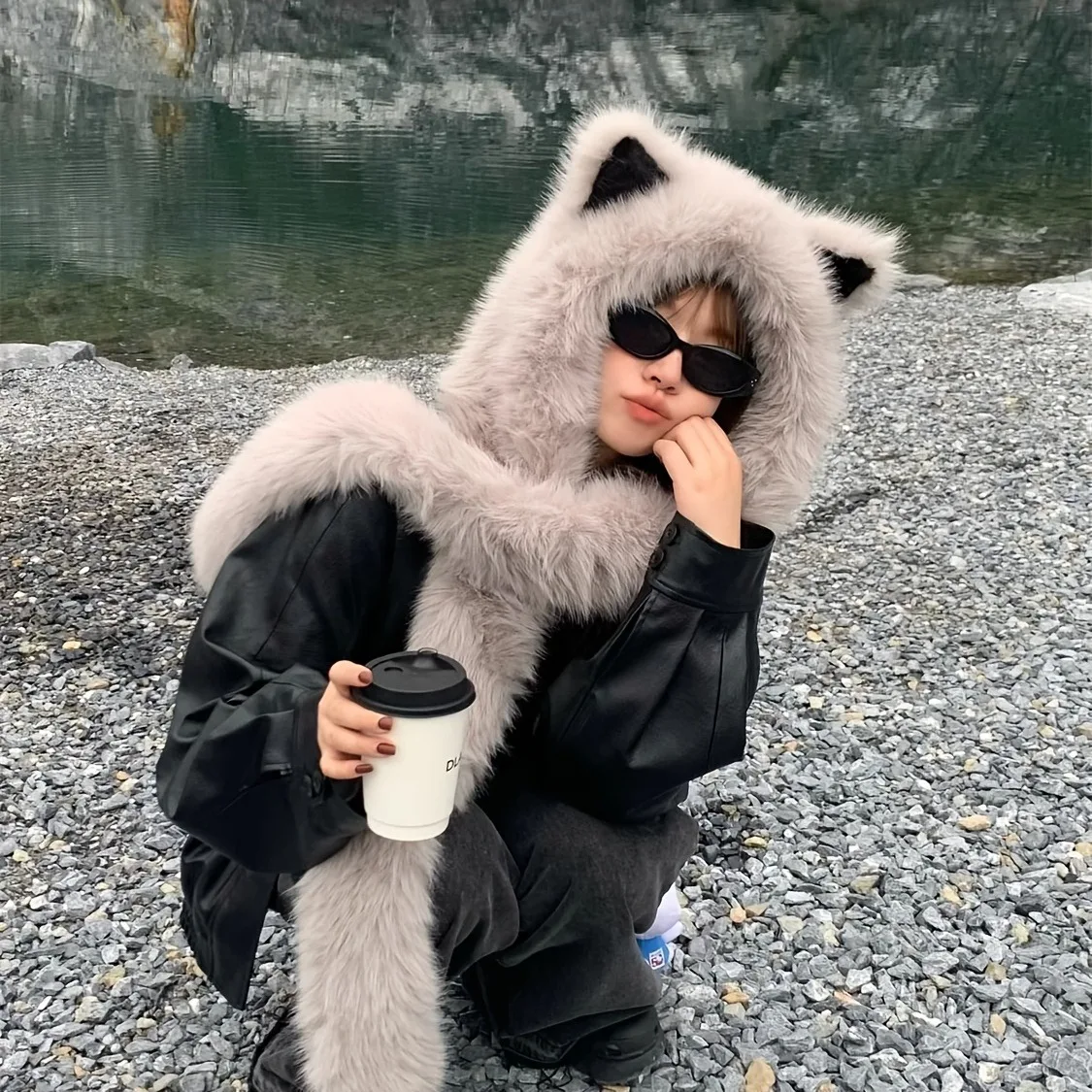 Gorro con orejas de gato de piel sintética, bufanda para mujer y niña, gorro cálido de felpa para invierno, protección para el cuello y las orejas, regalo grueso y cálido para fiesta de año nuevo