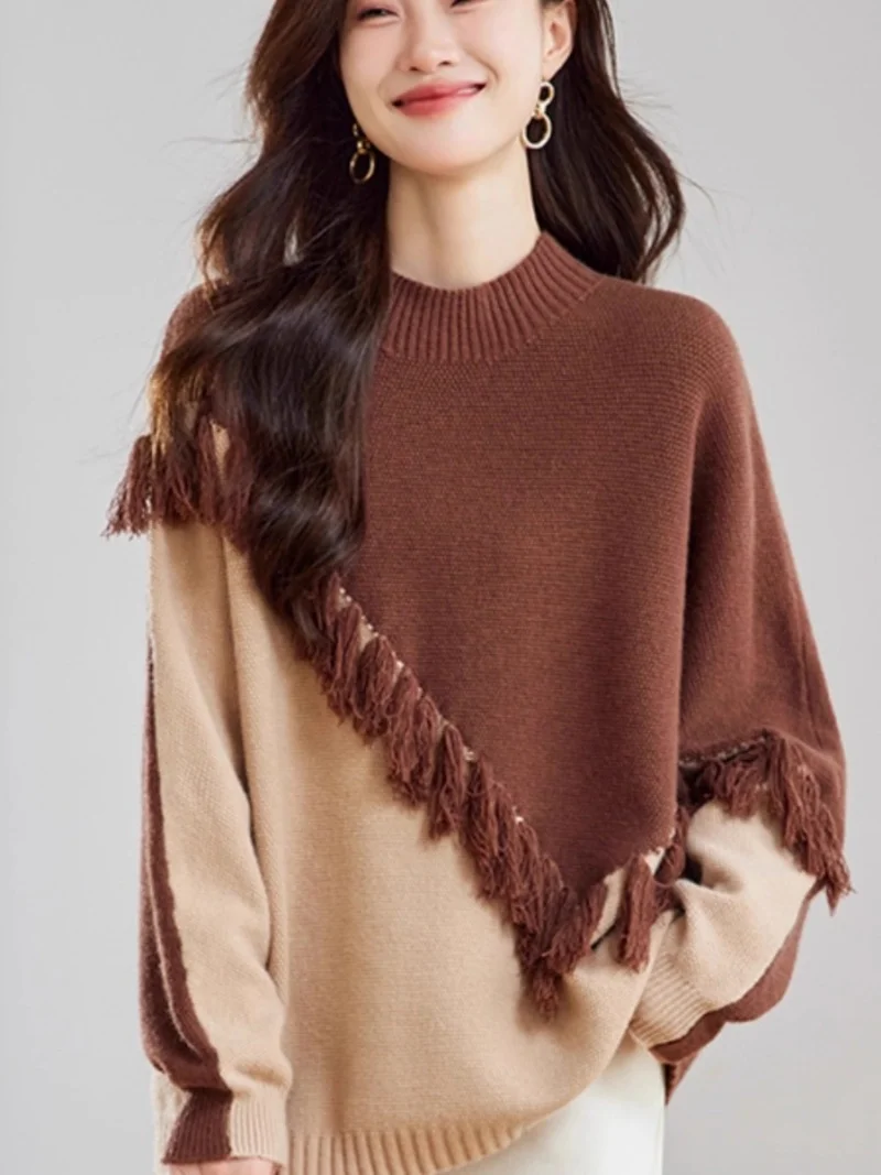 Sweater For Women Spring Autumn Winter Color Blocked Tassel Design, Loose Knit Round Neck Pullover Short Base Top w1505