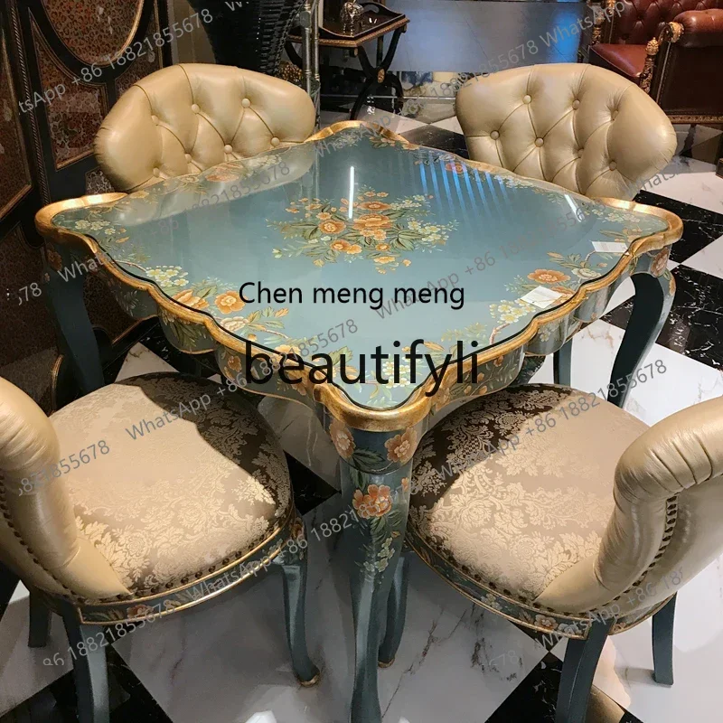 European French luxury and beautiful gold foil old light blue hand-painted chess and card tables and chairs, square dining table