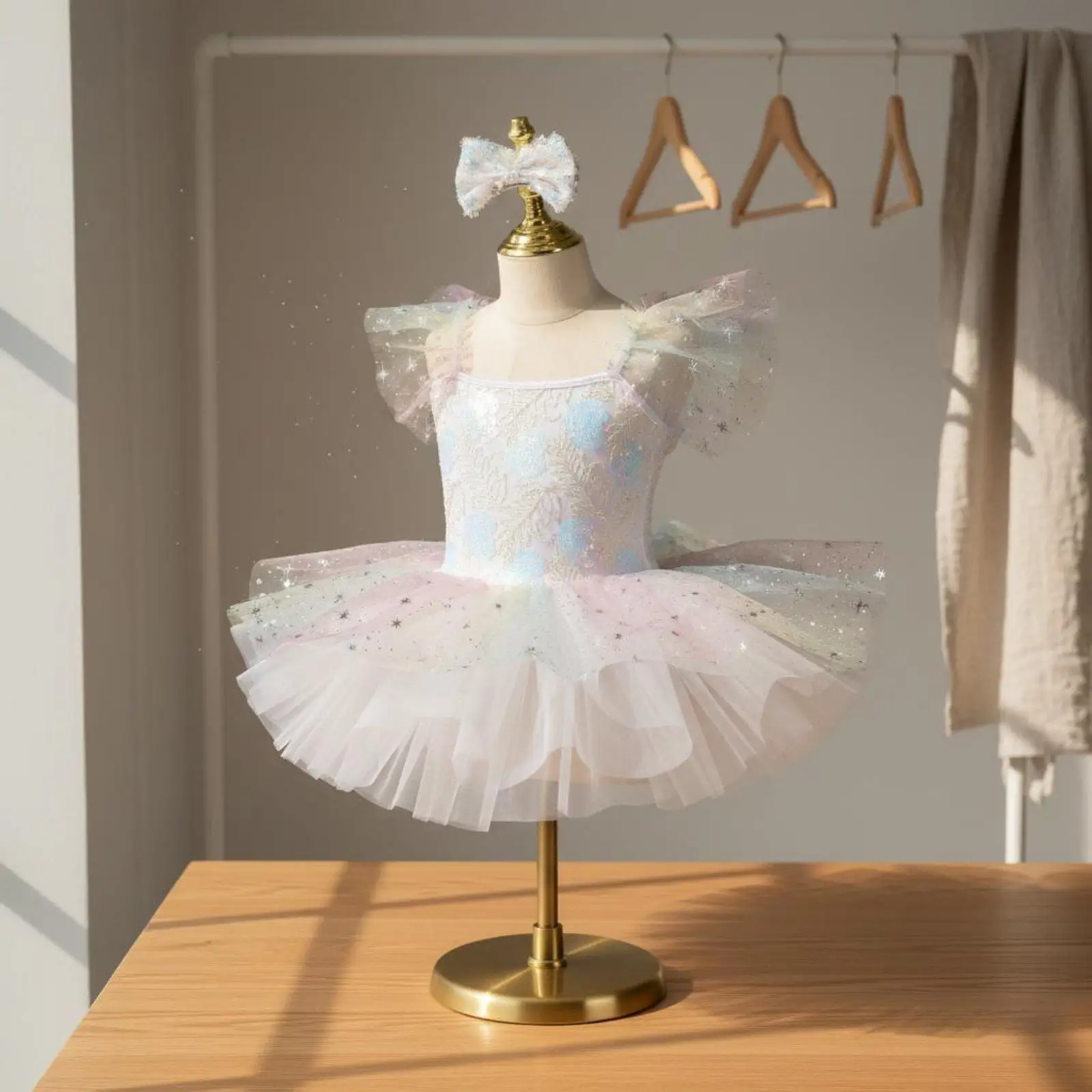 Girls Sequin Tutu Dress Sequins Ballet Skirt Dress Ruffle Sleeves Rainbow Tulle Princess Costume for Dancers, Performance,