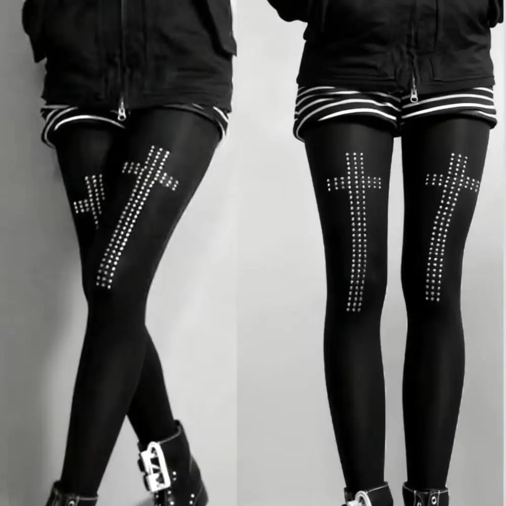 

Vintage Rhinestone Cross Tights Pants Elastic Soft Women's Leggings Retro 2000s Cosplay Pantyhose Women
