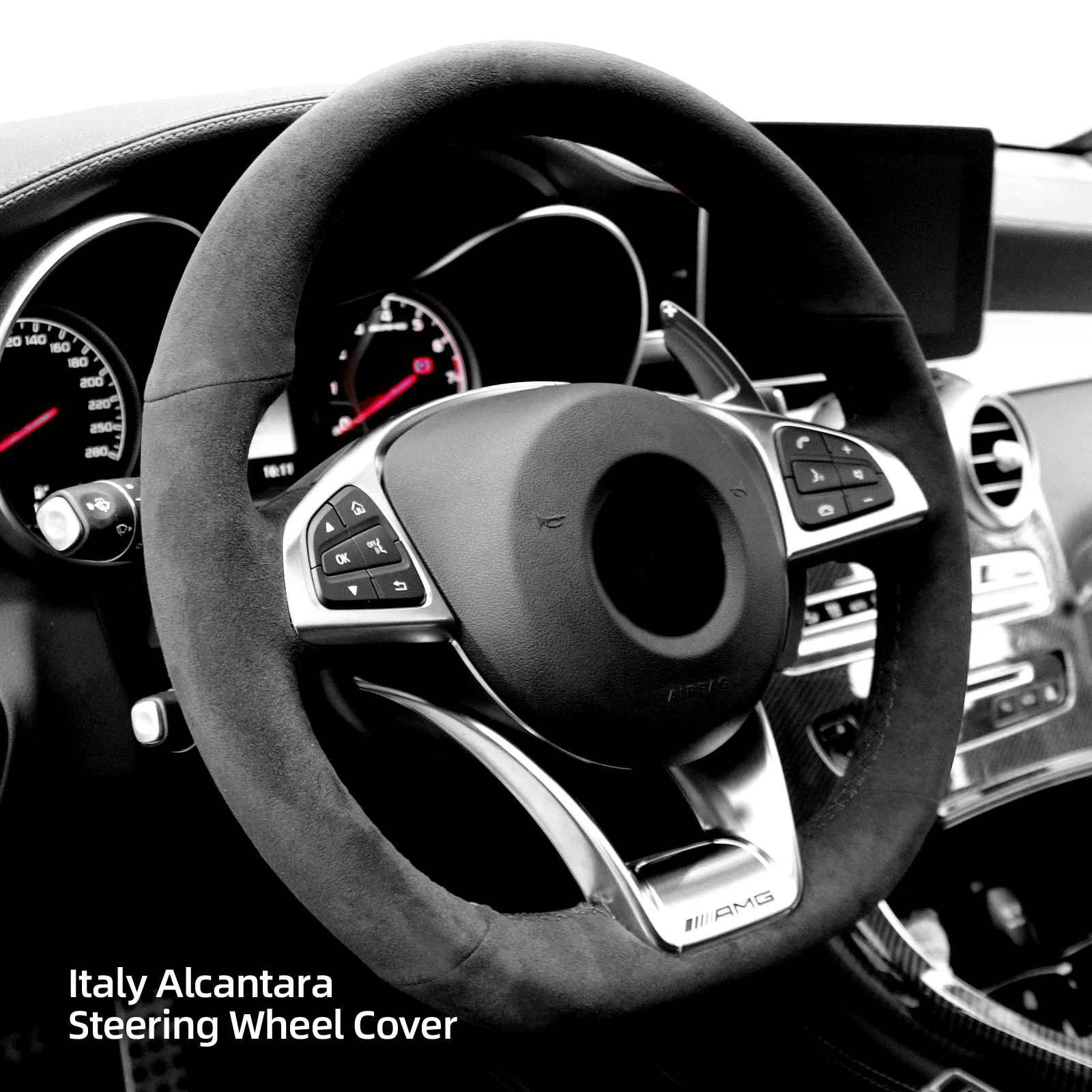 Alfanxi Hand Stitch Alcantara Steering Wheel Cover for Benz AMG A45 / W205 C43 C63S/ CLA45 CLS63/ GLC 43 63/ E43 W213 /S-CLASS