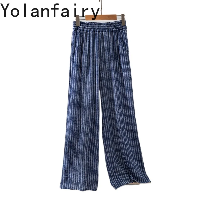 

YOLANFAIRY 100% Mulberry Silk Crepe Pants for Woman Fashion 2025 Printed Wide Leg Pants High Elastic Waist Striped Casual Pants