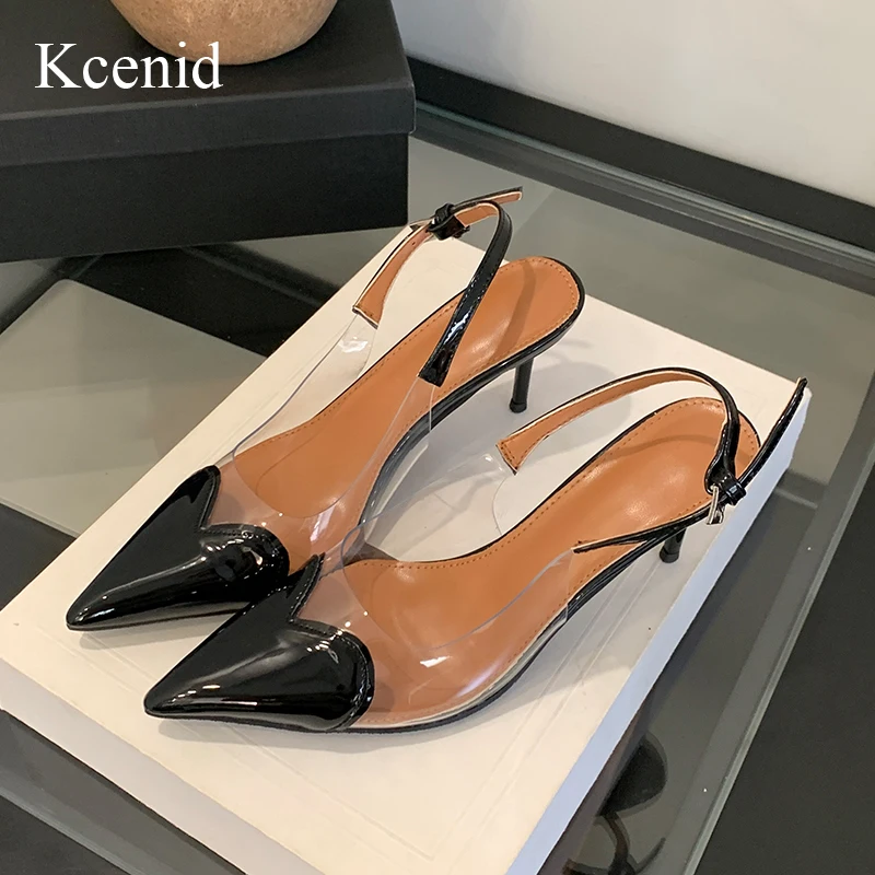 Kcenid Street Style Slingback Sandals High Heels Sexy Transparent PVC Summer Pointed Toe Pumps Women Loving Heart Wedding Shoes